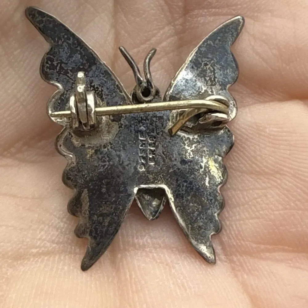 VTG 925ME STERLING SILVER Butterfly SIGNED CR69 TURQUOISE INLAY PIN